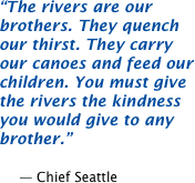 The rivers are our brothers. They quench our thirst. They carry our canoes and feed our children. You must give the rivers the kindness you would give to any brother.  -- Chief Seattle