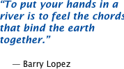 To put your hands in a river is to feel the chords that bind the earth together.  -- Barry Lopez